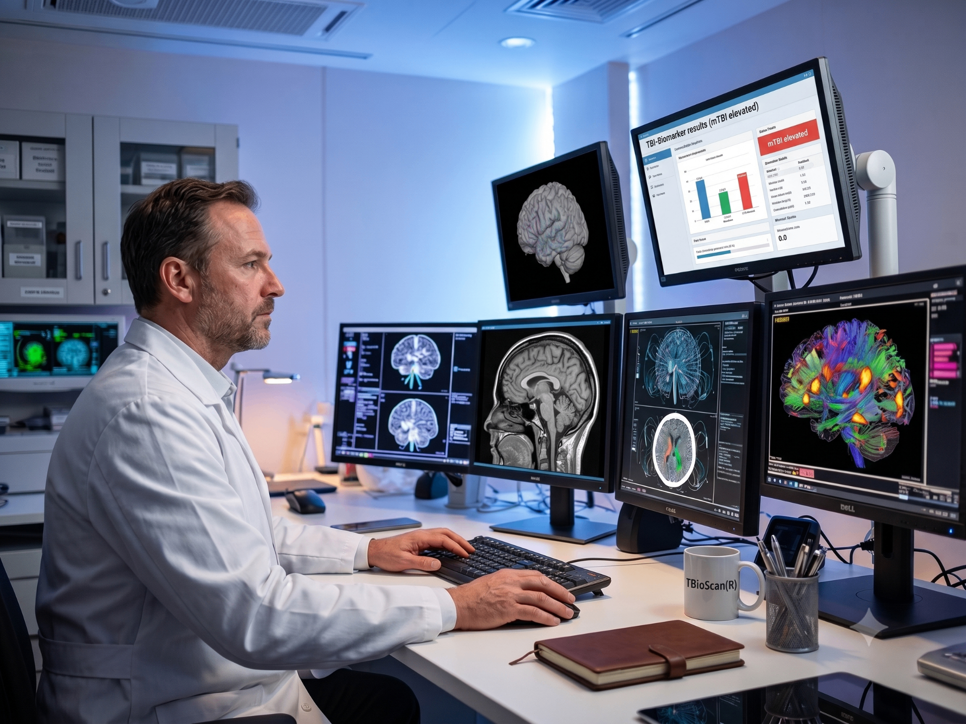 Neurologist reviewing multimodal TBI imaging on clinical workstation